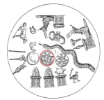 Zodiac artwork known from the Babylonian kudurru reliefs. The encircled object is the sun with an image of the moon on the left and the stars on the right.